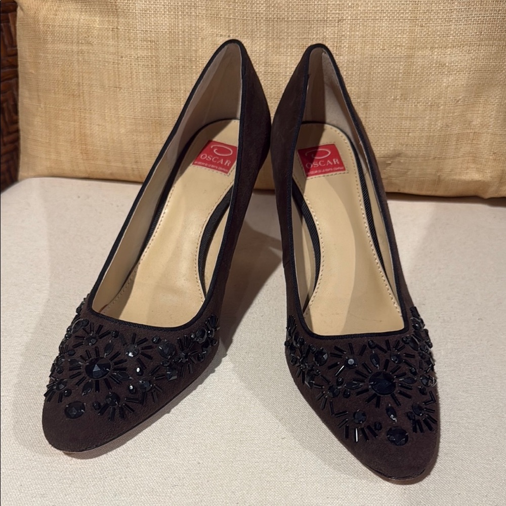 Oscar de la Renta brown Embellished Women's Shoes leather 9.5